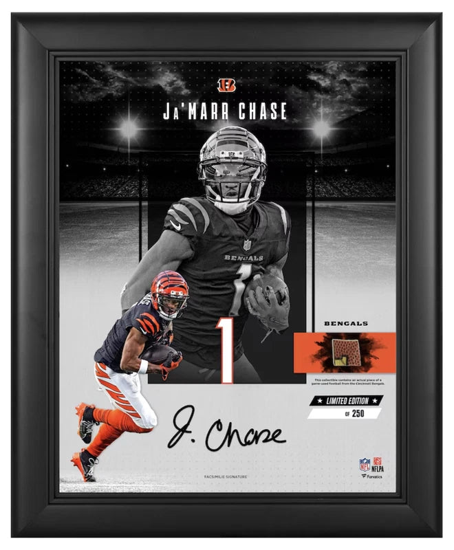 Ja'Marr Chase Cincinnati Bengals Facsimile Signature Framed 11" x 14" Impact Collage with a Piece of Game-Used Football LE 250 Fanatics