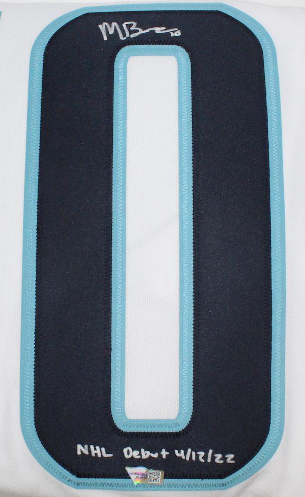 MATT BENIERS Autographed/Inscribed "NHL Debut 4/12/22" Seattle Kraken White Adidas Jersey FANATICS