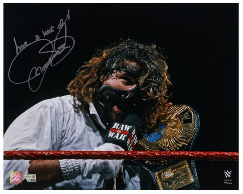 Mankind (Mick Foley) Autographed/Inscribed "Have A Nice Day" Holding WWE Title 16" x 20" Photograph Fanatics