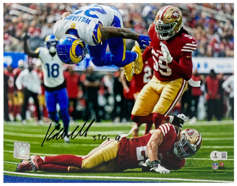 Kyren Williams Autographed/Inscribed "3 TDs 9/22/24" Los Angeles Rams TD FLIP 11"x14" Photograph Beckett Witnessed