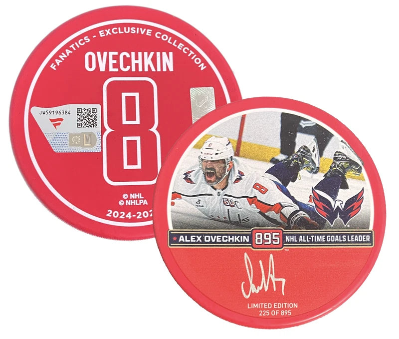 Alexander Ovechkin Autographed Washington Capitals Red 895th Goal Hockey Puck LE 895 Fanatics