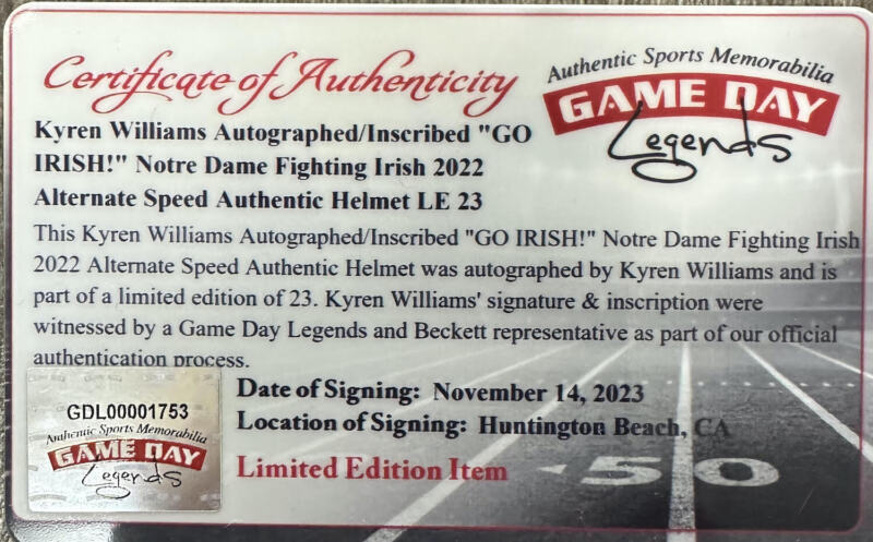Kyren Williams Autographed/Inscribed "GO IRISH!" Notre Dame Fighting Irish 2022 Alternate Speed Authentic Helmet w/Green Visor LE 1/23 GDL & Beckett Witnessed