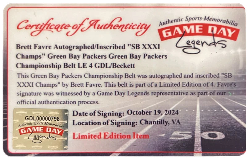 Brett Favre Autographed/Inscribed "SB XXXI Champs" Green Bay Packers Green Bay Packers Championship Belt LE 4 GDL/Beckett