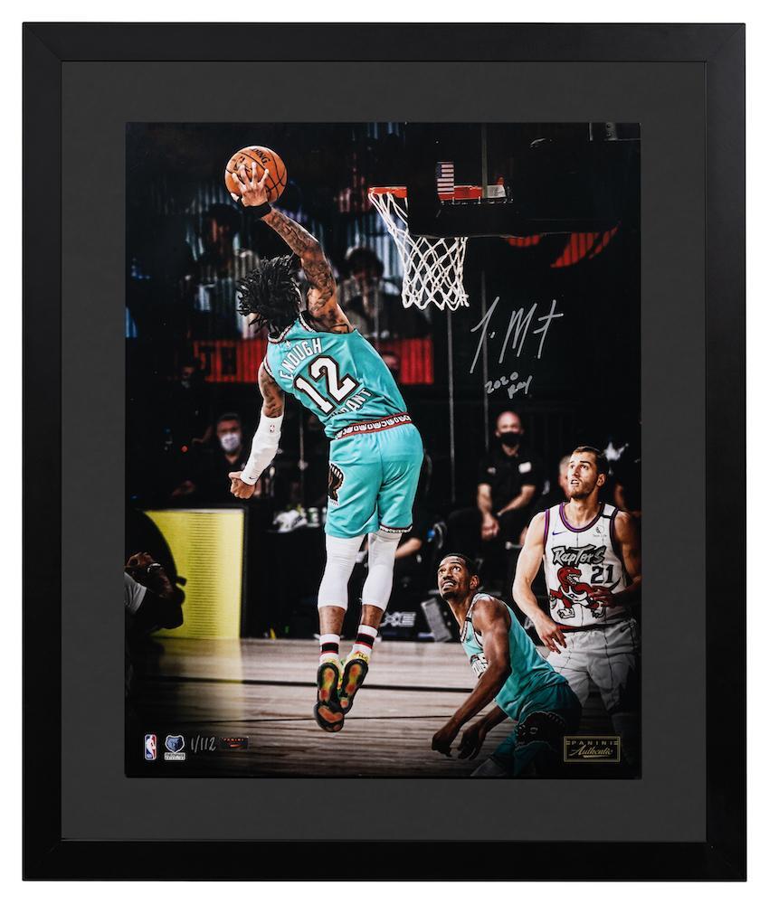 JA MORANT Autographed/Inscribed "2020 ROY" Memphis Grizzlies "Lob" 16" x 20" Framed Photograph PANINI LE 1/112