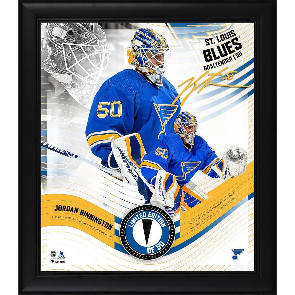 Jordan Binnington Blues Framed 15" x 17" Game Used Puck Display LE 50