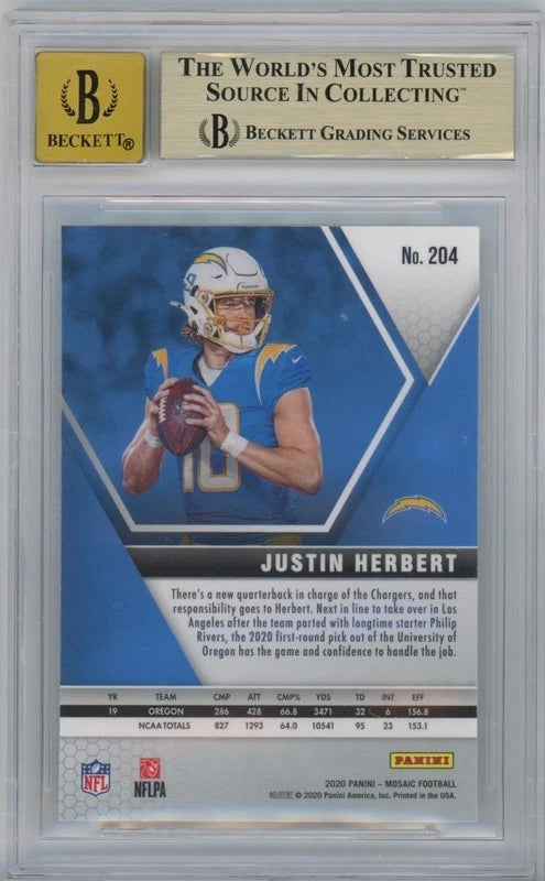 Justin Herbert Autographed Los Angeles Chargers 2020 Panini Mosaic #204 BGS 9.5/10 Rookie Card Fanatics