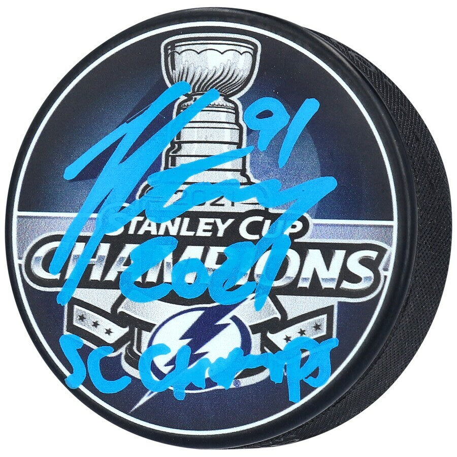 STEVEN STAMKOS Autographed/Inscribed "2021 SC CHAMPS" Tampa Bay Lightning 2021 Stanley Cup Champions Logo Puck FANATICS