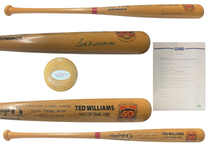 Ted Williams Autographed 50th Anniversary Hall of Fame Career Stats Engraved Rawlings Blonde Bat JSA