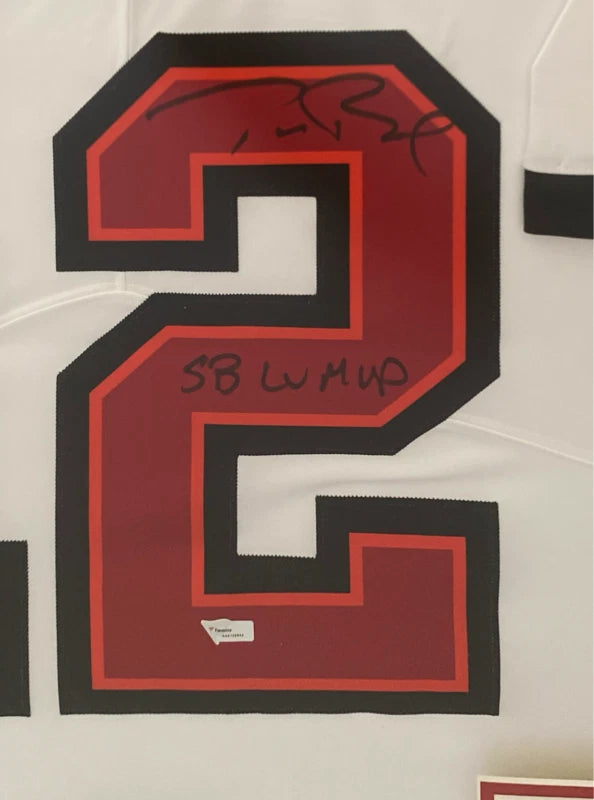 Tom Brady Autographed/Inscribed "SB LV MVP" Tampa Bay Buccaneers Custom Framed Nike White Limited Jersey with Photos Fanatics (V2)