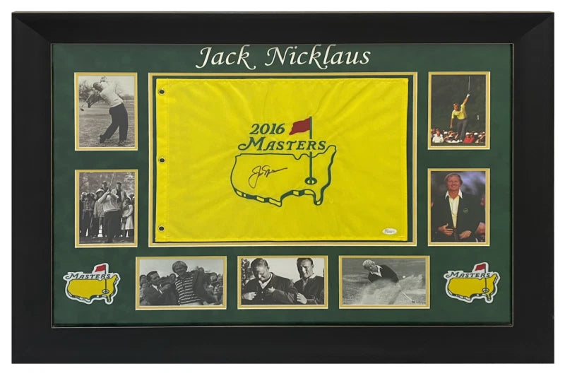 Jack Nicklaus Autographed 2016 Masters Pin Flag Custom Framed Display with Photos JSA