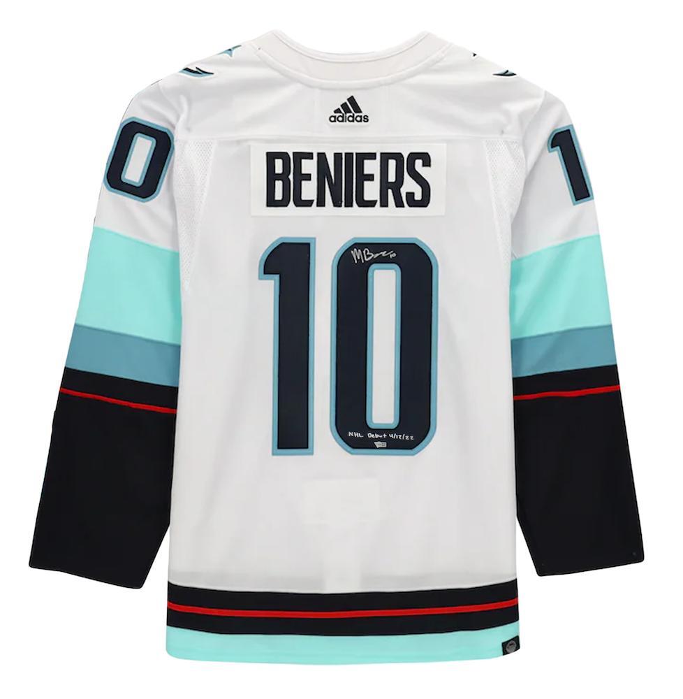 MATT BENIERS Autographed/Inscribed "NHL Debut 4/12/22" Seattle Kraken White Adidas Jersey FANATICS