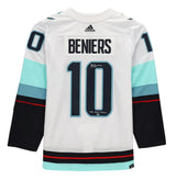 MATT BENIERS Autographed/Inscribed "NHL Debut 4/12/22" Seattle Kraken White Adidas Jersey FANATICS