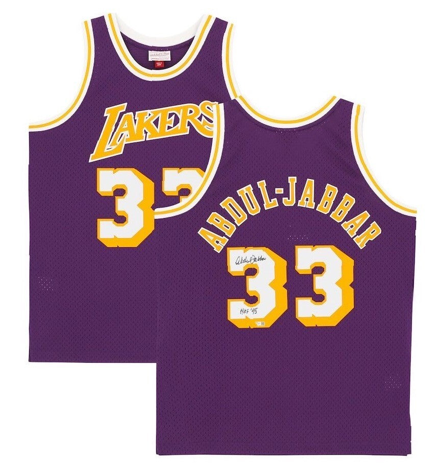 KAREEM ABDUL-JABBAR Autographed/Inscribed "HOF 95" Los Angeles Lakers Purple Mitchell & Ness 83-84 Replica Jersey FANATICS