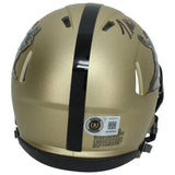 Travis Hunter Autographed Gold Heisman Trophy Logo Speed Mini Helmet Beckett Witnessed