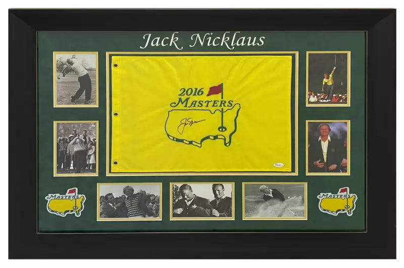 Jack Nicklaus Autographed 2016 Masters Pin Flag Custom Framed Display with Photos JSA