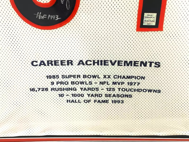 Walter Payton Autographed/Multi-Inscribed Custom Framed Chicago Bears Career Highlights Embroidered Stat Jersey Walter Payton Hologram