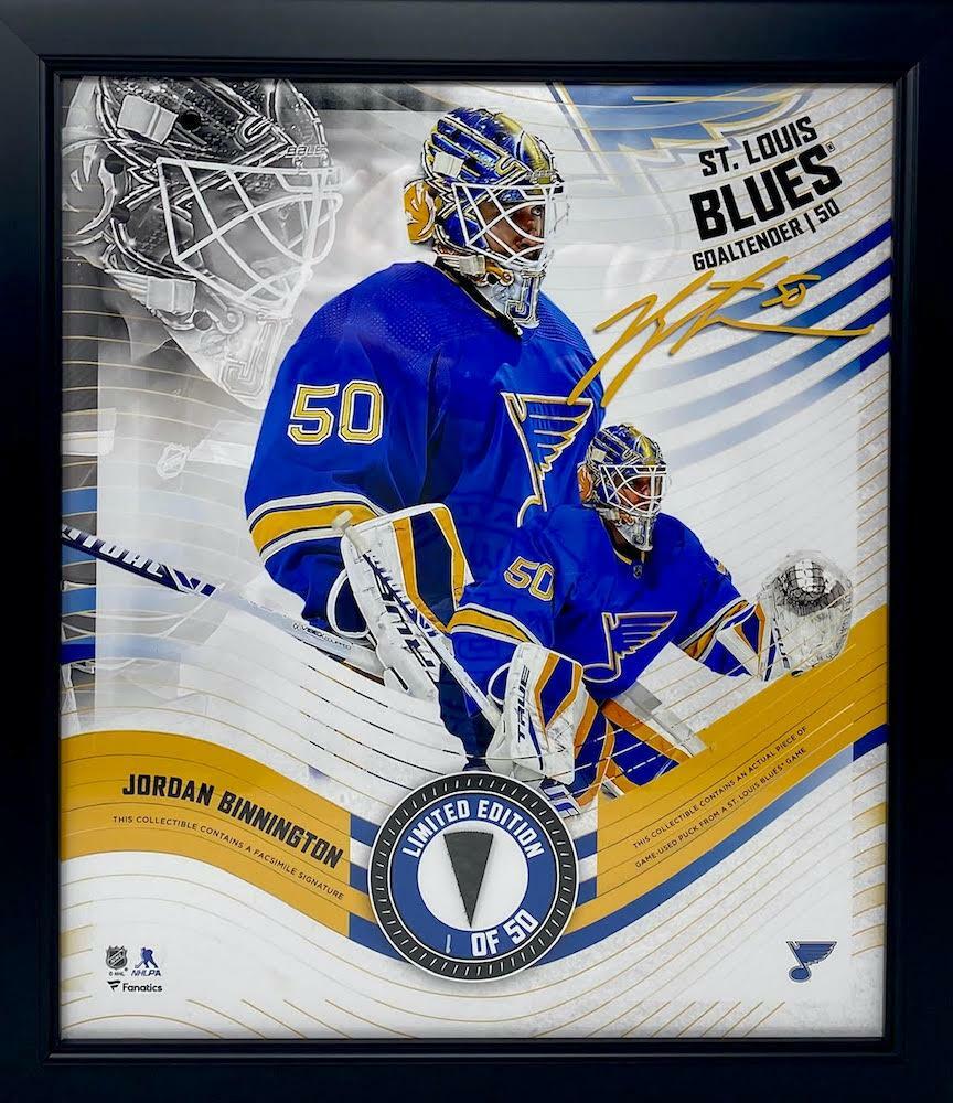 JORDAN BINNINGTON Blues Framed 15" x 17" Game Used Puck Collage LE 1/50