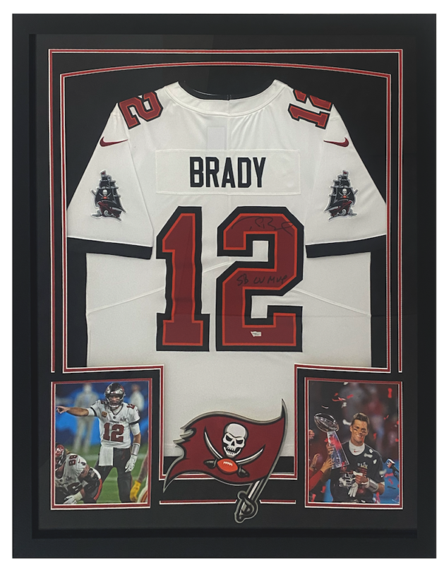 Tom Brady Autographed/Inscribed "SB LV MVP" Tampa Bay Buccaneers Custom Framed Nike White Limited Jersey with Photos Fanatics