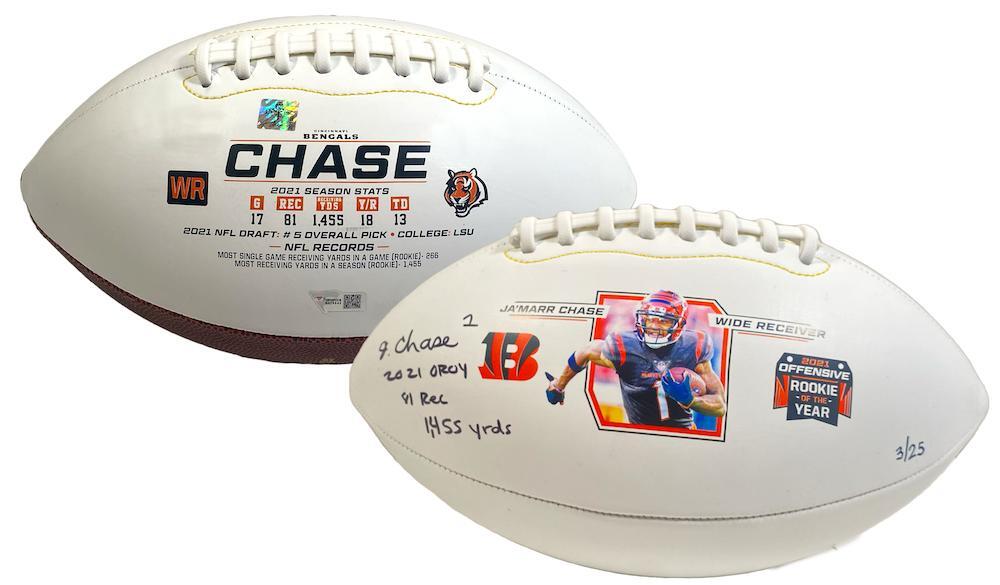 JA'MARR CHASE Autographed/Inscribed "2021 OROY 81 Rec 1,455 yrds" Cincinnati Bengals White Panel Football FANATICS LE 25