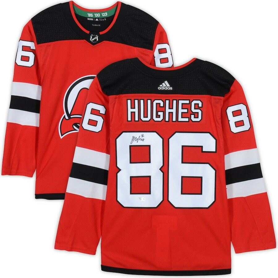 JACK HUGHES Autographed New Jersey Devils Red Adidas Authentic Jersey FANATICS