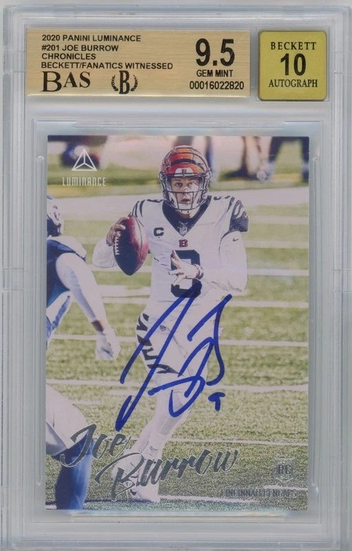 Joe Burrow Autographed Cincinnati Bengals 2020 Panini Luminance #201 BGS 9.5/10 Rookie Card - 9,9.5,9.5,10 Subgrades Fanatics
