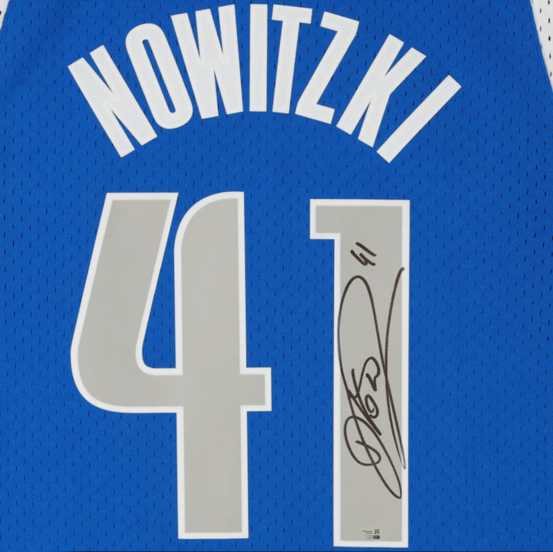 Dirk Nowitzki Autographed Dallas Mavericks Blue Mitchell & Ness Swingman Jersey with Multiple Patches Fanatics