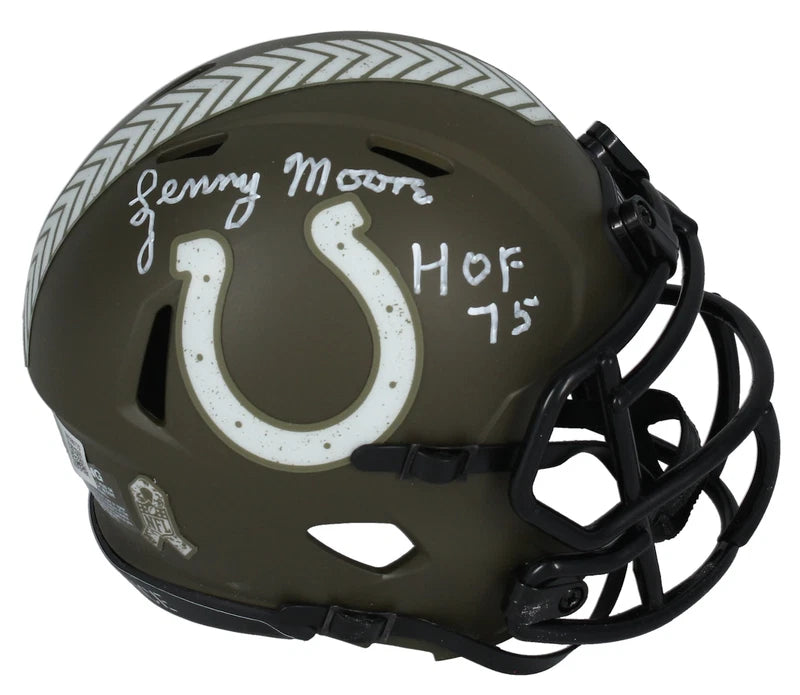 Lenny Moore Autographed/Inscribed "HOF '75" Colts 2022 Salute to Service Speed Mini Helmet Beckett Witnessed