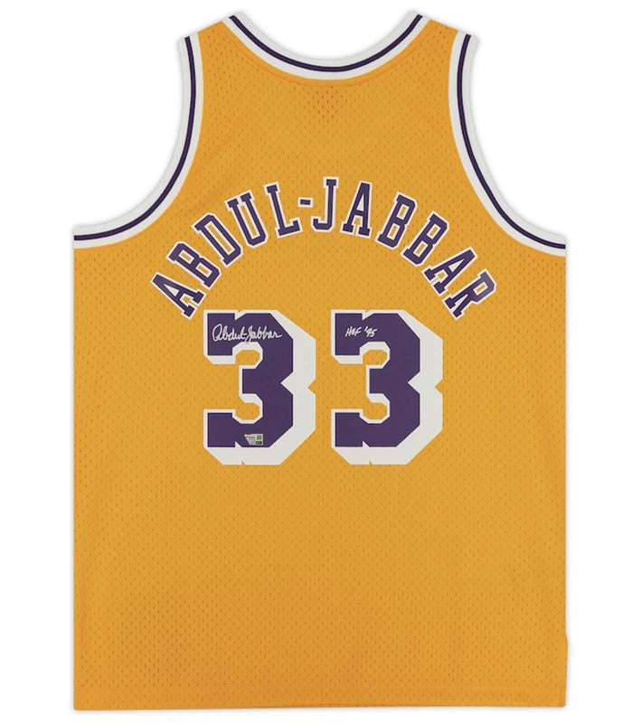 Kareem Abdul-Jabbar Autographed/Inscribed "HOF 95" Los Angeles Lakers Mitchell & Ness Gold 1984-85 Swingman Jersey Fanatics