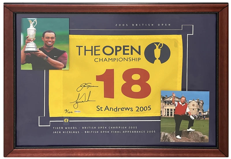 Jack Nicklaus/Tiger Woods Dual Autographed Framed 2000 British Open Pin Flag w/Photos LE 18/100 UDA