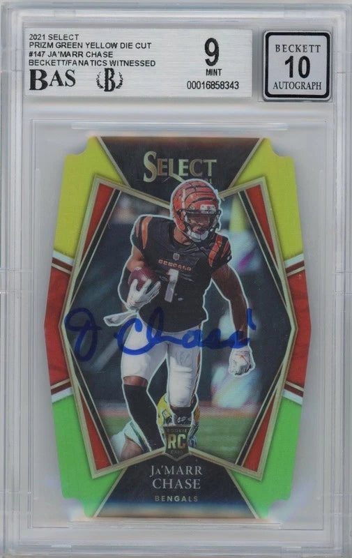 Ja'Marr Chase Autographed Cincinnati Bengals 2021 Panini Select Green & Yellow #147 BGS 9/10 Rookie Card Fanatics