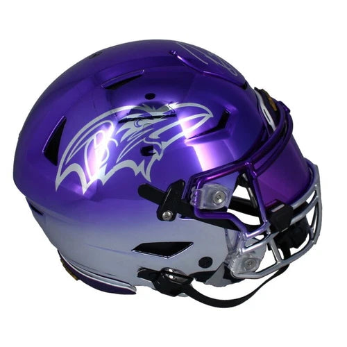 Ray Lewis Autographed Baltimore Ravens Custom Purple Chrome Speedflex Authentic Helmet Beckett Witnessed