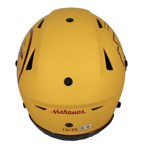 Patrick Mahomes Autographed Kansas City Chiefs Yellow Matte w/Red Chrome Inlay Speedflex Authentic Helmet LE 13/15 Beckett Witnessed