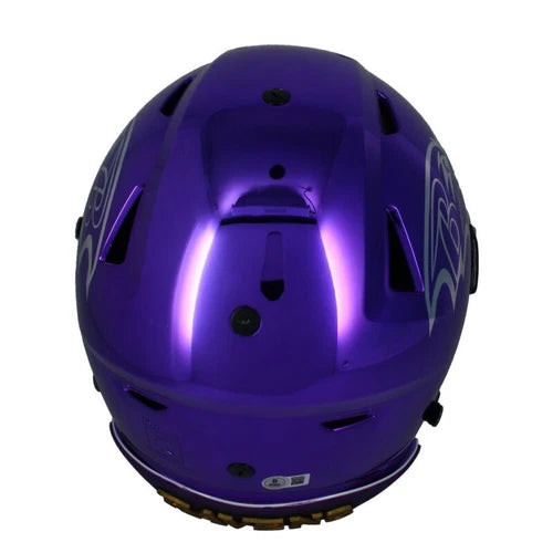 Ray Lewis Autographed Baltimore Ravens Custom Purple/Gold Chrome Speedflex Authentic Helmet Beckett Witnessed