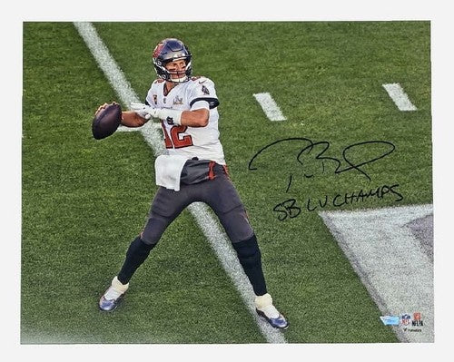 TOM BRADY Tampa Bay Buccaneers Autographed 16" x 20" Super Bowl LV Champions Super Bowl LV Action Photograph with "LV CHAMPS" Inscription FANATICS