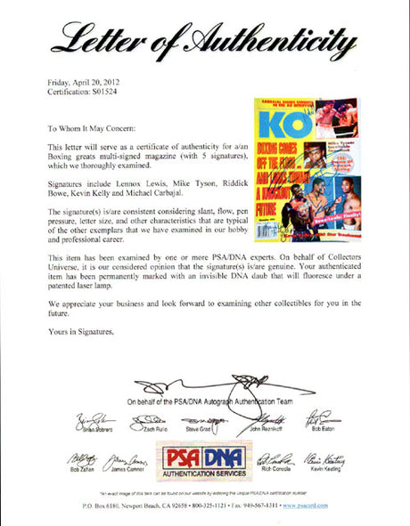 Boxing Greats Autographed KO Boxing Magazine Cover With 5 Total Signatures Including Mike Tyson & Riddick Bowe PSA/DNA #S01524