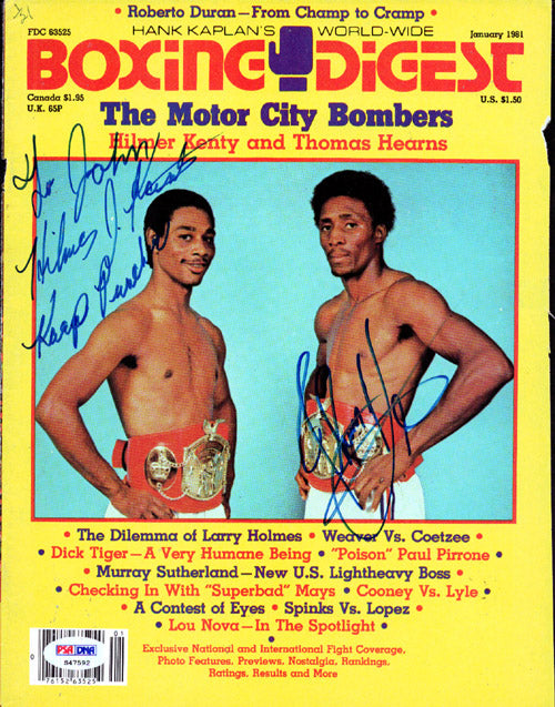 Thomas "Hit Man" Hearns & Hilmer Kenty Autographed Boxing Digest Magazine Cover "To John" PSA/DNA #S47592