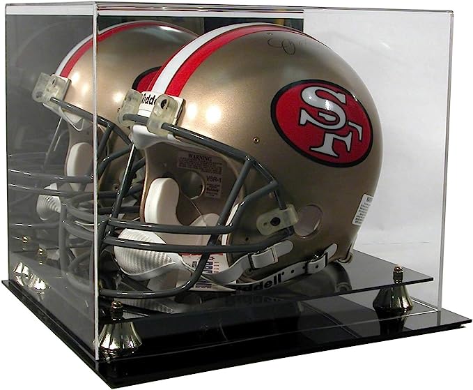 The Sports Integrity Deluxe Acrylic Football Helmet Display Case features a clear case with a black base and silver corner supports, perfect for showcasing your San Francisco 49ers helmet.