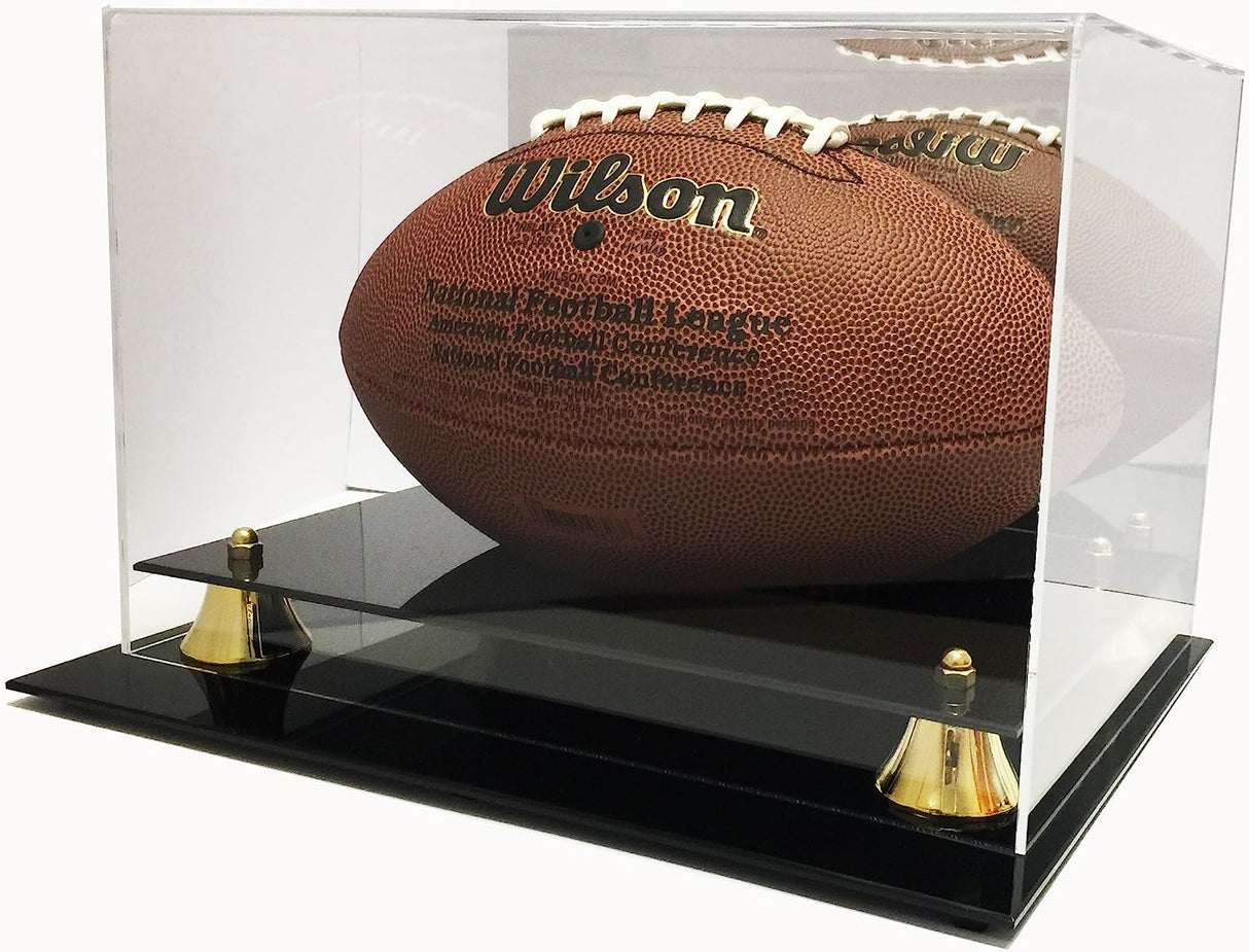 The Sports Integrity Deluxe Acrylic Football Display Case features a clear acrylic cover, black base, and gold corner supports, providing an elegant way to showcase your football as a collectible item.