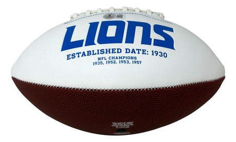 The Sam LaPorta Signed Detroit Lions Logo Football by Sports Integrity is white and brown, featuring "LIONS" in blue, "Established Date: 1930," and "NFL Champions 1935, 1952, 1953, 1957" beneath.