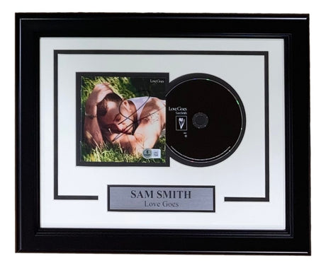 Sports Integrity Sam Smith Signed Framed Love Goes CD Booklet BAS features the album cover, signed CD booklet, and a custom plaque on a stylish black and white background.