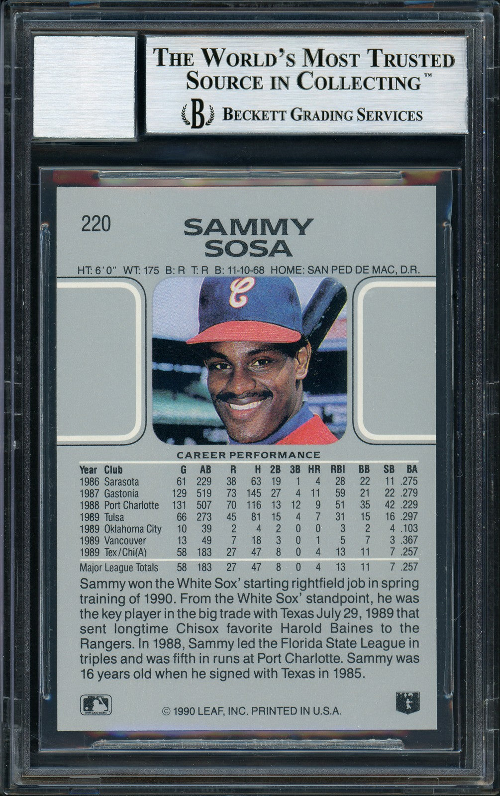 Sammy Sosa Signed 1990 Leaf #220 White Sox Rookie Card BAS Auto 10