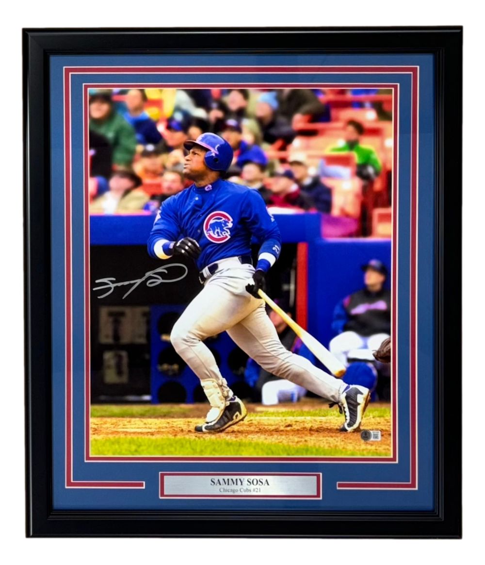 Sammy Sosa Signed Framed 16x20 Chicago Cubs Blue Jersey Photo BAS