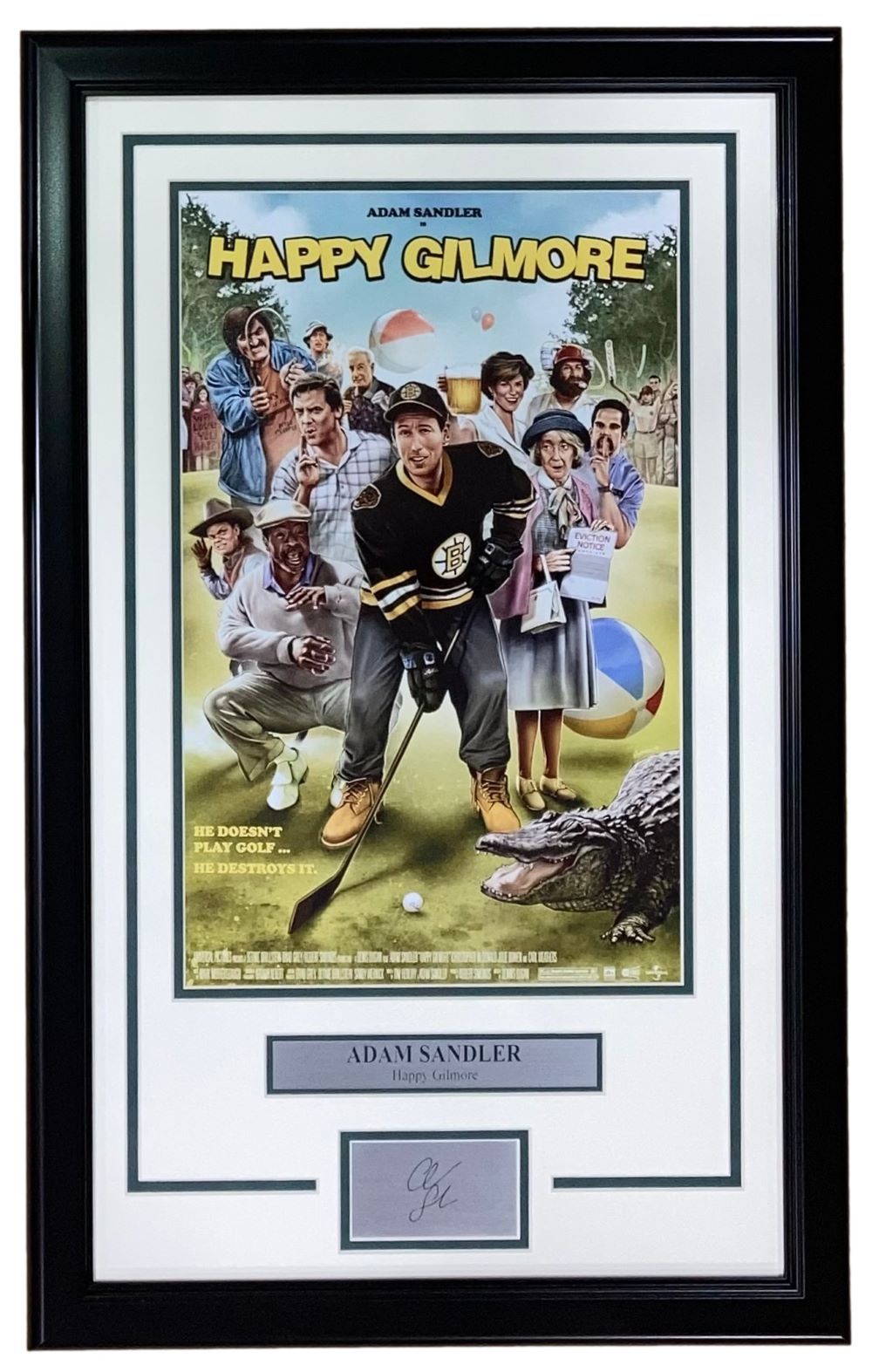 The Sports Integrity Adam Sandler Framed 11x17 Happy Gilmore Photo features Sandler in hockey gear with other characters, plus a plaque displaying his laser engraved signature.