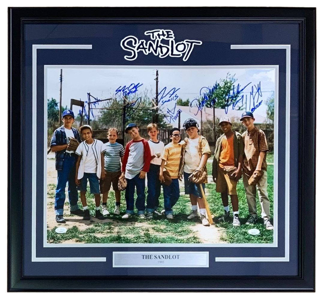 Sports Integrity The Sandlot Cast Signed Framed 16x20 Photo features autographs from Patrick Renna, Tom Guiry, and six others, with The Sandlot 1993 plaque. Authenticated by JSA.