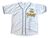 The Sandlot (8) Cast Signed Custom Baseball Jersey by Sports Integrity features a white design with black trim, The Sandlot logo in yellow and black, and eight autographs in black ink on the right chest.