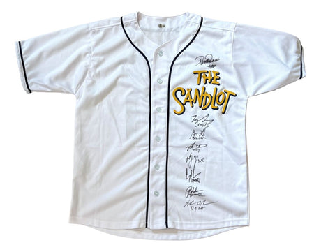 The Sandlot (8) Cast Signed Custom Baseball Jersey by Sports Integrity features a white design with black trim, The Sandlot logo in yellow and black, and eight autographs in black ink on the right chest.