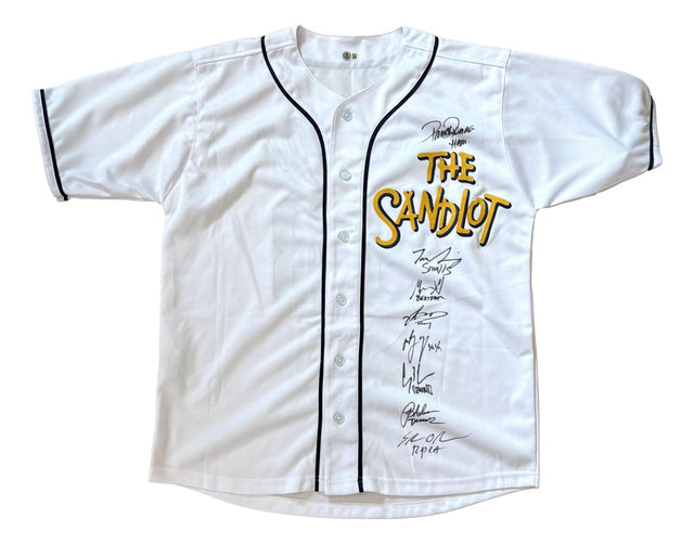 The Sandlot (8) Cast Signed Custom Baseball Jersey by Sports Integrity features a white design with black trim, The Sandlot logo in yellow and black, and eight autographs in black ink on the right chest.