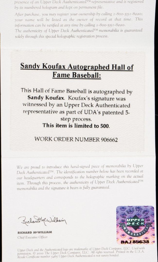 Sandy Koufax Brooklyn Dodgers Signed Official Hall Of Fame Logo Baseball UDA