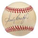 A white Official NL baseball with red stitching, signed in dark blue by Sandy Koufax of the Brooklyn Dodgers. Authenticated by PSA/DNA (AP49147). Sold by Sports Integrity.