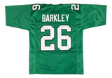 The Sports Integrity Saquon Barkley Philadelphia Kelly Green Football Jersey features "BARKLEY" and the number 26 in white and black on the back, with 26 also displayed on both shoulders.